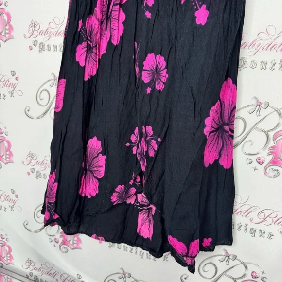Dress Hawaii hibiscus 🌺 flowers pink black strapless ribbon 🎀 bow tie up slit - Picture 9 of 10